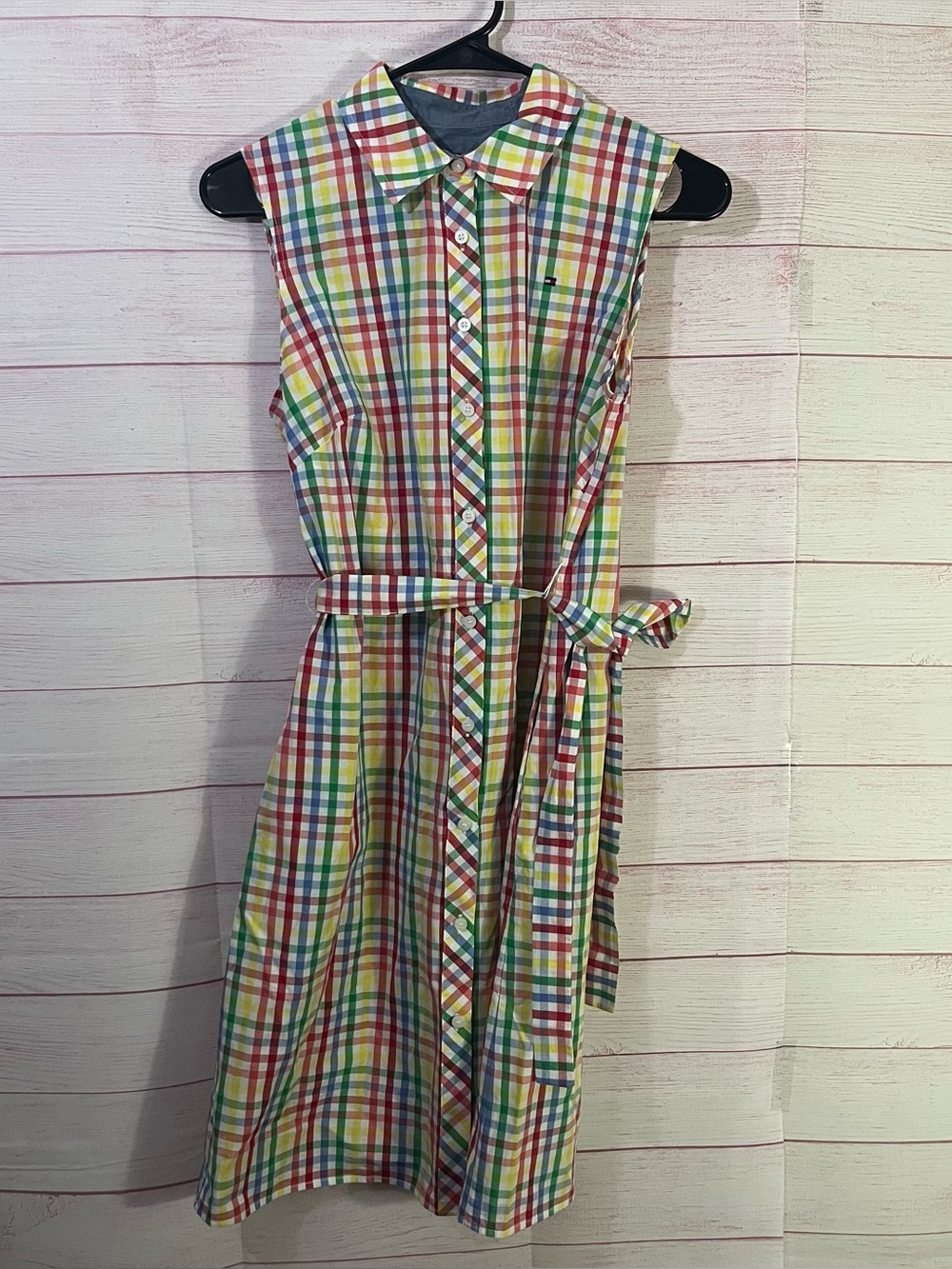 Tommy‎ Hilfiger Rainbow Plaid 100% Cotton Sleeveless Tie Waist Shirtdress Size 4